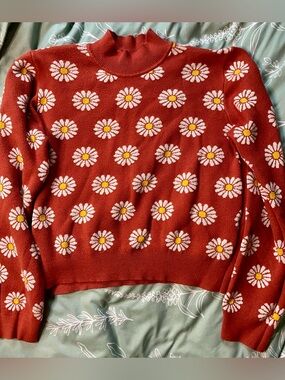 Women’s Red Daisy Knit Sweater - Mock Neck